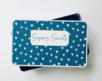 Personalised Blue Hearts Tin, Biscuit Tin, Gifts for Her, Personalised Small Biscuit Tin, Cute Hearts, Personalised Tin, Small Storage Tin