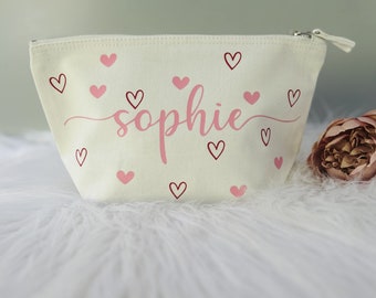 Personalised Heart Make Up Bag, Valentine's Day Bag, Bridesmaid Make Up Bag, Mother's Day, Hearts Cotton Bag