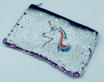 Bolsa personalizada con cremallera de lentejuelas rosa impresa con Unicornio y Nombre, bolsa de lavado, estuche de lápices, bolsa de maquillaje