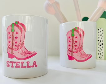 Cowgirl Boots Make Up Brush Pot, Cowgirl Personalised Pencil Pot, Personalised Ceramic Pot, Pink Cowgirl, Cowgirl Bedroom Accessories