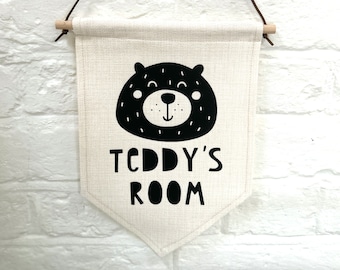 Personalised Cute Bear Linen Pennant, Kids Bedroom Decor, Personalised Wall Hanging, Black and White Room, Kids Playroom