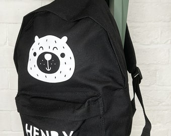 Personalised Bear Mini Rucksack, Small Backpack, Bag for Children, Scandi Bear, Black and White Bag