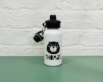 Personalised Bear Water Bottle, Cute Bear, Water Bottle for Children, Black and White, Toddler Water Bottle,