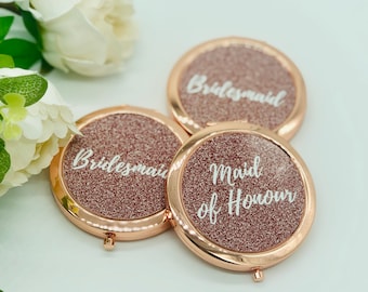 Bridesmaid Rose Gold Sparkle Effect Pocket Mirror, Maid of Honour Compact Mirror, Bride, Wedding Thank You Gift