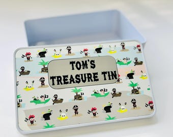Personalised Pirate Treasure Tin, Gifts for Boys, Snack Tin, Cute Pirate, Treasure Chest, Personalised Small Tin, Custom Tin