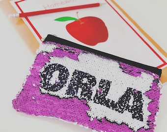 Personalised Sequin zipped bag with name, wash bag, pencil case, make up bag, pink sequin, blue sequin, black sequin