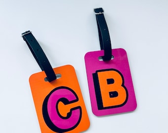 Bright Initial Personalised Luggage Tag, Bright Pink, Bright Orange, Holiday Tag, Neon Luggage Label, Personalised Suitcase Tag