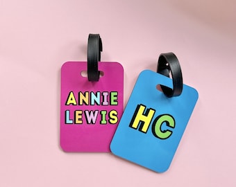 Etiqueta de equipaje personalizada de neón, etiqueta para maleta de colores brillantes, equipaje de vacaciones, etiqueta personalizada para maleta, llavero con nombre