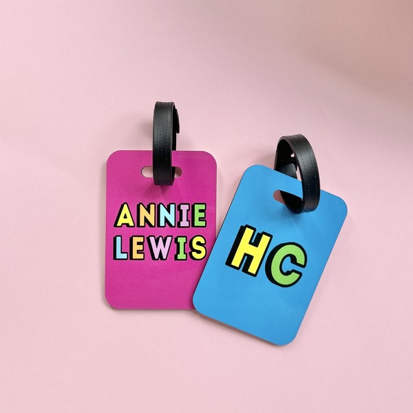 Neon Personalised Luggage Tag, Bright Coloured Bag Tag, Holiday Baggage, Personalised Suitcase Tag, Keyring with Name