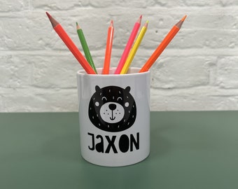 Personalised Cute Bear Pencil Pot, Storage Pot, Stationery, Scandi Inspired, Cute Face, Black and White Pencil Pot