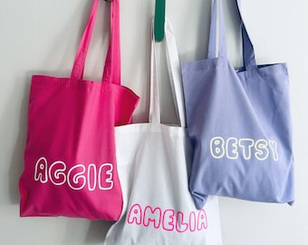 Bright Personalised Tote Bag, Custom Bag, Gifts For Her, Gifts For Girls, Birthday Bag, Bubble Writing Bright Bag