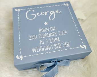 Baby Blue Personalised Baby Keepsake Box, Baby Footprint Newborn Gift, Personalised Baby Gift Box, Birth Day Gift, Gifts for New Parents