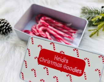 Personalised Candy Cane Tin, Christmas Tin, Gifts for Children, Personalised Sweets Box, Treats Tin, Goodie Tin, Chocolate Tin, Four Colours
