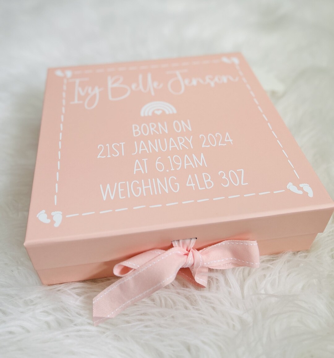 Baby Pink Personalised Baby Keepsake Box, Baby Footprint Newborn Gift ...