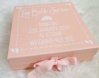 Baby Pink Personalised Baby Keepsake Box, Baby Footprint Newborn Gift, Personalised Baby Gift Box, Birth Day Gift, Gifts for New Parents