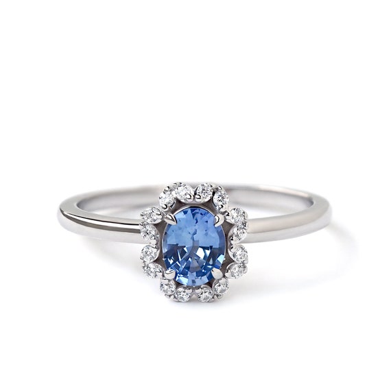 Blue Sapphire Halo Diamond Ring Oval Cut Ring White Gold - Etsy
