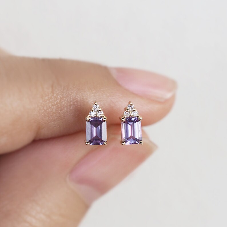 Purple Sapphire Stud Earrings in 14k Gold Tiny Earrings | Etsy