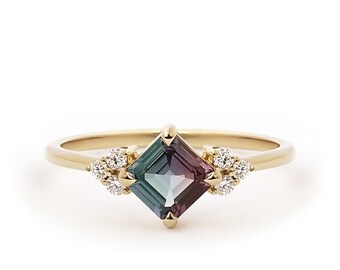 Color Change Garnet Asscher Cut Engagement Ring, Unique Ring, One Of a Kind Ring