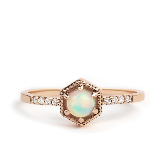 Solid 14k Gold Opal Ring Hexagon Ring Opal Engagement Ring - Etsy