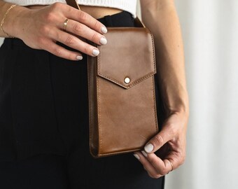Full-Grain Leather Phone Crossbody Bag: Euro Style Travel Purse