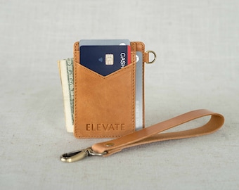 Full-Grain Leather Wristlet Wallet: Minimalist Keychain Wallet