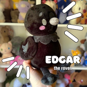 May include: A black plush raven toy with a gray beak, pink cheeks, and gray accents. The raven has a ruffled collar and wings. The text "EDGAR the raven" is displayed in white. Other plush toys are visible in the background.