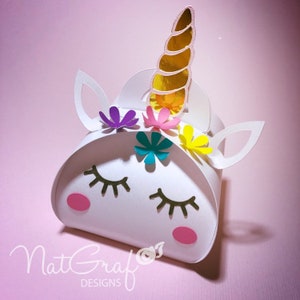 Boîte de faveur, licorne, boîte 3D, boîte sinueuse, boîte de bonbons, fichiers coupés, fichiers svg, htv