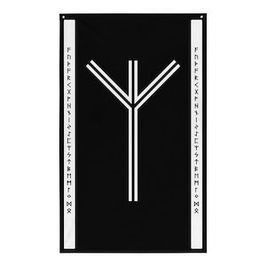 Algiz Elder Futhark Runes Black White Wall Hanging Flag, Norse Pride, German Pride, Wall Decor, Wall Art