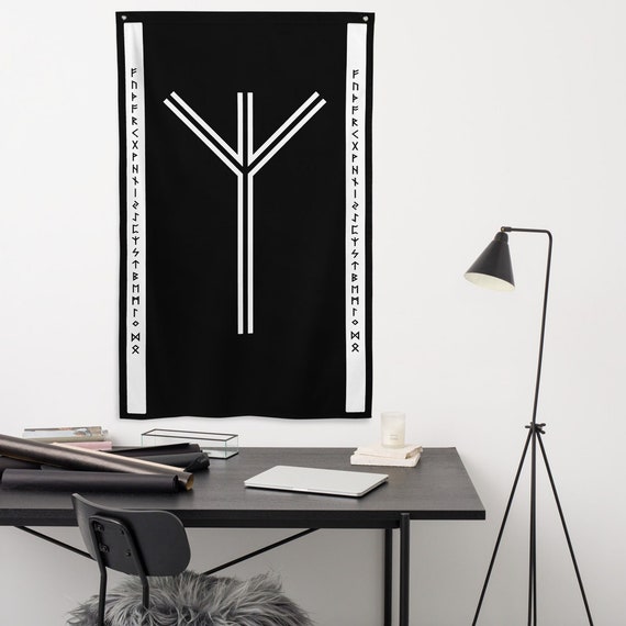 Algiz Elder Futhark Runes Black White Wall Hanging Flag, Norse