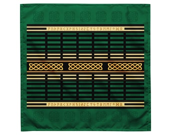 Green Celtic Elder Futhark Runes Casting Divination Cloth, Norse Pride, German Pride, Black, Gold