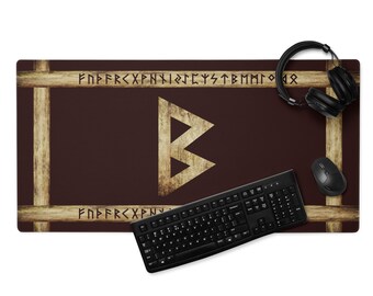 Berkana Brown Grunge Gaming Mouse Pad Desk Mat, Elder Futhark Runes, Norse Pride, German Pride