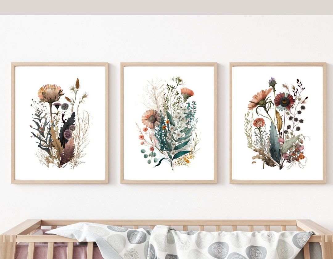 Boho Nursery Wall Art, Warm Colors Wildflower Nursery Decor, Floral ...
