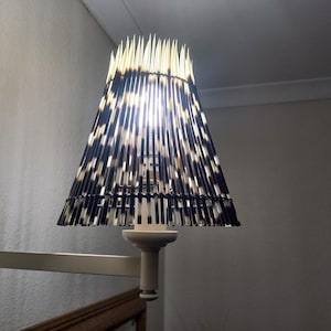 May include: A wall-mounted lamp featuring a conical lampshade constructed from numerous black and white porcupine quills arranged vertically. The shade is attached to a simple, off-white metal arm and base, with a light bulb visible inside.