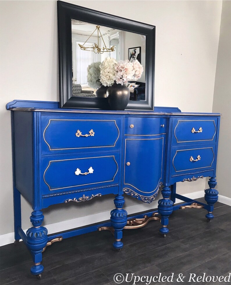 Vintage One of a Kind Blue Jacobean Sideboard Buffet Server Etsy