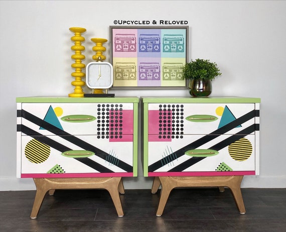MCM Retro Vintage Nightstands, 80’s vibe, Geometric End Tables, Vintage Side tables