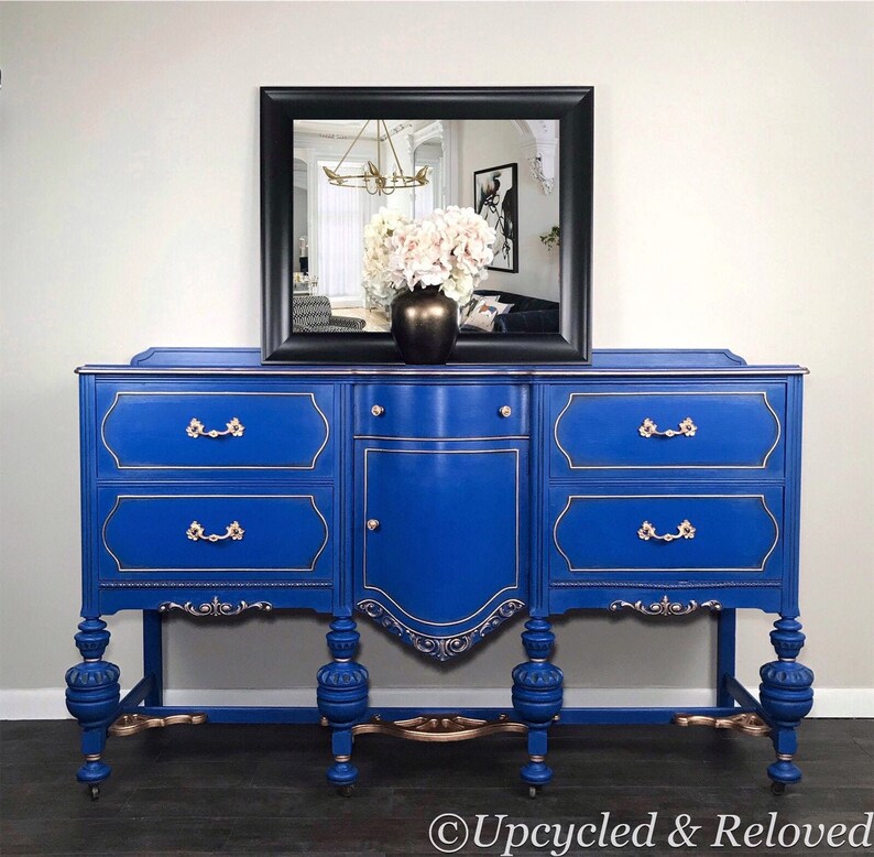 Vintage One of a Kind Blue Jacobean Sideboard Buffet Server Etsy
