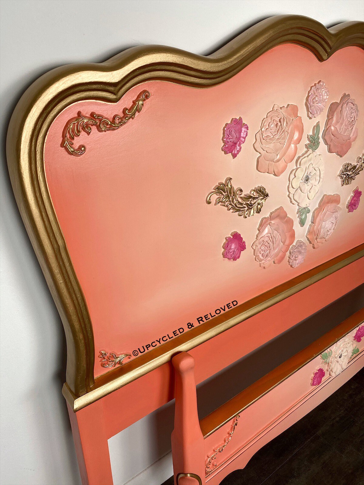 Twin Vintage Floral Provincial Headboard and Footboard Coral Etsy