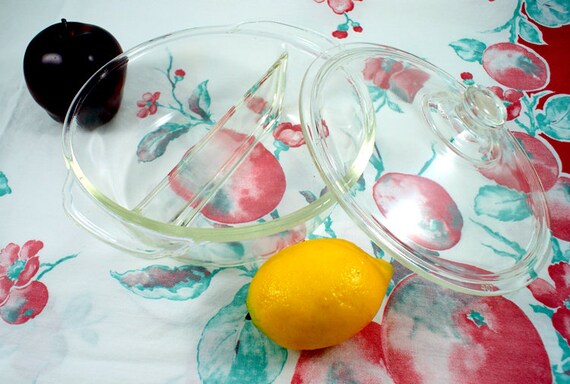 Fire King 1 12 qt Glass Divided Round Casserole Dish Clear