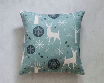 Aqua Reindeer Pillow Cover, Snow Flake Pillow Cover, Pillow Covers, Throw Pillow, Christmas Pillow Cover, Decorative Pillow Cover, gift