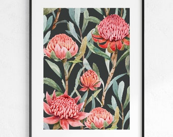 Watercolour Protea Flowers Poster, Flower Market Print, Pink Wall Art, Wall Decor, Tropical Art, Digital Download, Printable Wall Art