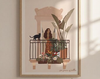 Woman in Balcony illustration print, Balcony Garden Illustration, Tropical Plants Illustration, Digital Art, Wall Decor