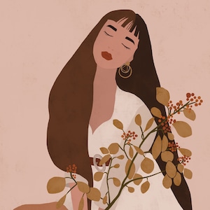 Girl with Flower Illustration, Woman illustration print, Fashion Illustration, Girl Art, Illustration Print, Digital Art, Wall Decor, Gift