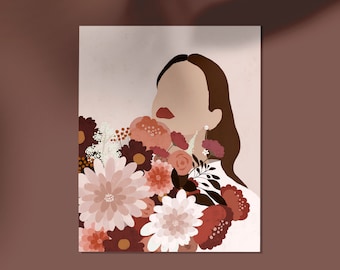 Girl with Flower Illustration, Woman illustration print, Fashion Illustration, Girl Art, Peony Bouquet, Digital Art, Wall Decor, Pink Flower
