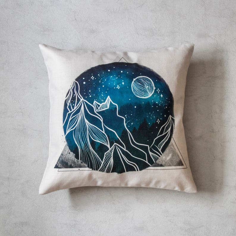 Starry Night Mountain Pillow Cover, Throw Pillow, Galaxy Pillow Cover, Decorative Cushion, Christmas Pillow Cover, Holiday Pillow Cover image 1
