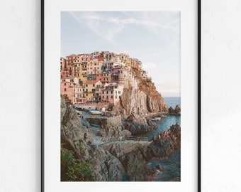 Manarola Coast Poster, Printable Art, Cinque Terre, Wall Art, Wall Decor, Beautiful Coast, Digital Download, Pink Wall Art, Italy Village