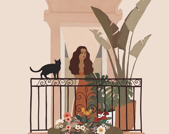 Woman in Balcony illustration print, Balcony Garden Illustration, Tropical Plants Illustration, Digital Art, Wall Decor