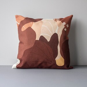 Abstract Floral Linen Pillow Cover: Brown Beige Cushion (45x45cm)