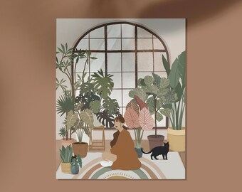 Könnte beinhalten: Eine digitale Illustration einer Person, die auf einem Teppich mit Regenbogenmuster in einem Raum voller verschiedener Topfpflanzen, darunter Monstera und Geigenfeige, vor einem großen Bogenfenster sitzt, während eine schwarze Katze daneben steht.