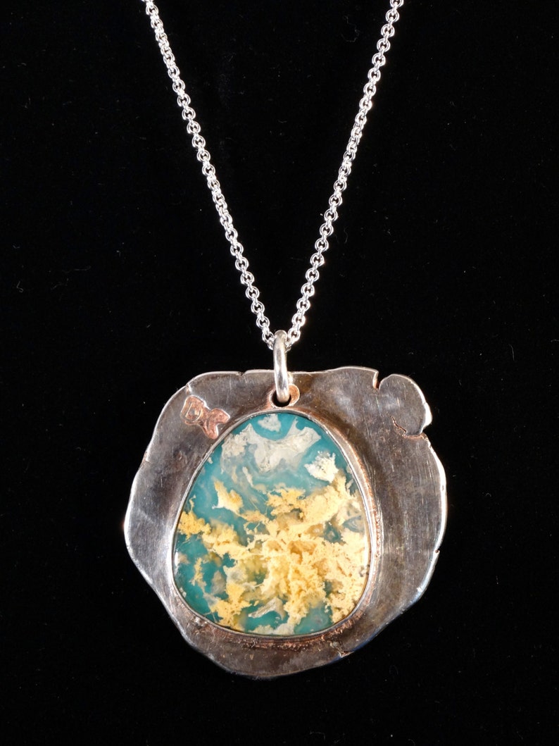 Sterling silver pendant necklace with mossy agate cabochon image 1