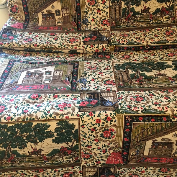 Fabulous Vintage COUNTRY SCENIC BARKCLOTH Era  Yardage!